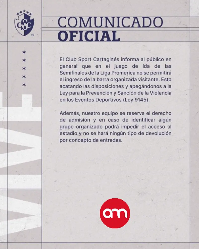 Cartaginés prohíbe ingreso de barra visitante para semifinales de ida.